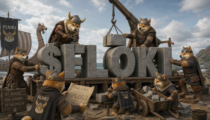 An illustration of several Shiba Inu dogs dressed as Vikings constructing large stone letters spelling '$FLOKI', with one holding a blueprint and another pushing a cart of stone blocks.