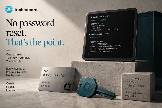 A 'technocore' advertisement displays a card reading 'DID did:key:z6Mk...7a9f' and 'You are your key,' alongside a tablet showing terminal commands like 'technocore init' and 'technocore lobby message send'.