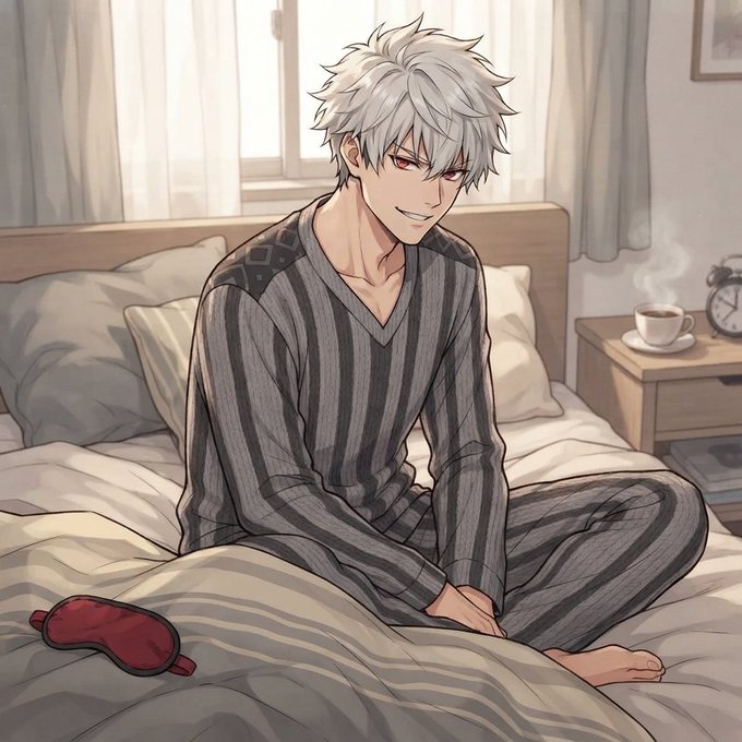 An anime-style illustration of a white-haired male character in striped pajamas sitting on a bed with a red eye mask nearby and a steaming cup of coffee on the nightstand.