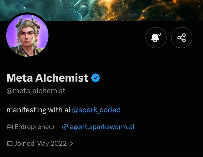 A Twitter/X profile for 'Meta Alchemist' (@meta_alchemist) with a verified checkmark, showing the bio 'manifesting with ai @spark_coded', listed as an Entrepreneur and joined in May 2022, with a link to agent.sparkswarm.ai.