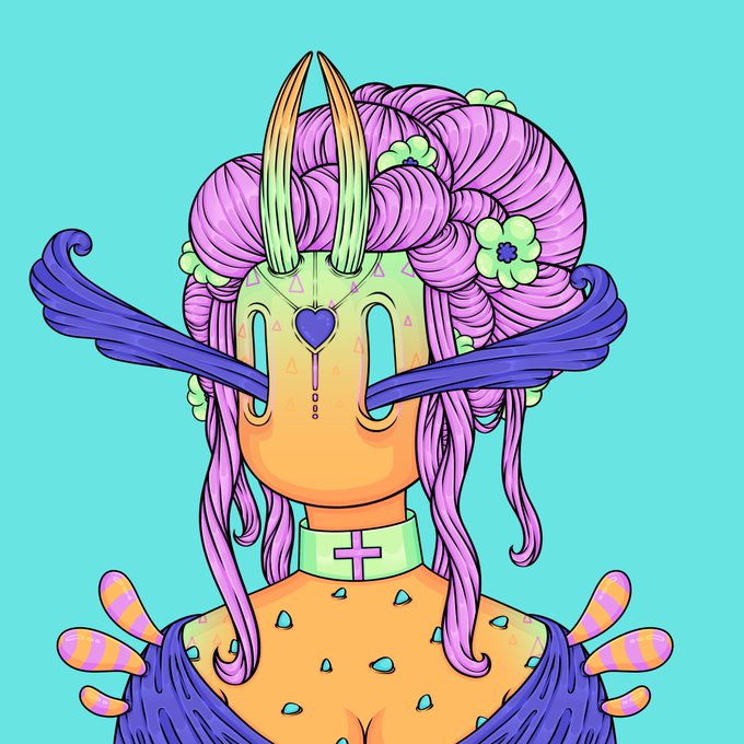 A colorful digital illustration of a fantasy character with voluminous purple hair adorned with flowers, orange skin, and purple fin-like features on a teal background.