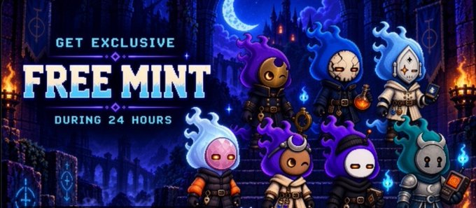 A promotional banner featuring hooded, gothic NFT characters with glowing eyes against a moonlit castle background, advertising an exclusive "FREE MINT" event available "DURING 24 HOURS." The image aligns with the post about Cifer Ghost's free mint, emphasizing the limited 24-hour window for a special giveaway requiring entry through a specific post.