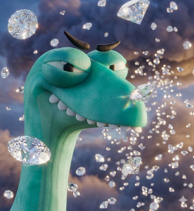 A 3D-rendered teal cartoon dragon with a sleepy expression is surrounded by floating diamonds against a cloudy sunset sky.