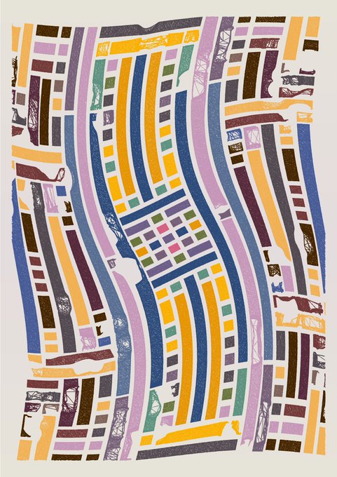 An abstract painting featuring wavy vertical bands and geometric blocks in yellow, purple, blue, brown, and white creating a rhythmic pattern.