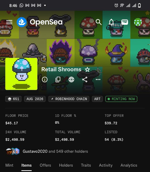 An OpenSea mobile app screenshot showing the 'Retail Shrooms' NFT collection on the Robinhood Chain, with a floor price of $45.17 and a 'MINTING NOW' label.
