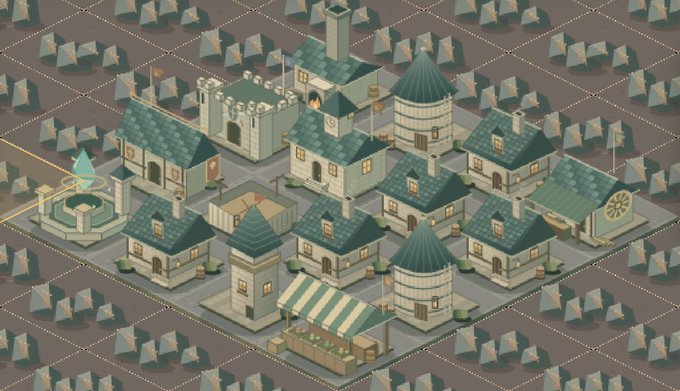 Isometric illustration of a medieval-style town with stone buildings, tiled roofs, towers, and surrounding tents arranged in a circular encampment.
