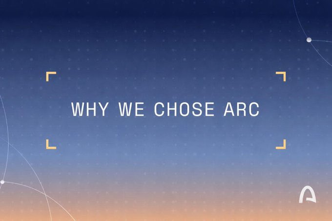 The image shows a blue sky with white dots, which could be interpreted as stars or circles scattered across it. The text "Why We Choose Arc" is written above the sky, and the words "most blockchains make you hold volatile tokens just to use them @arc is different USDC is the gas token the same stablecoin you transact with is what you pay fees with no ETH no volatility for everyday commerce especially in emerging markets that's the only way this works". The image seems to be related to a discussion about cryptocurrency and blockchain technology, as it features a sky background.