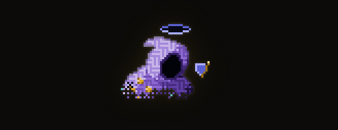 A pixel art animation of a purple ghostly creature with a halo, holding a blue potion, surrounded by colorful particles against a black background.
