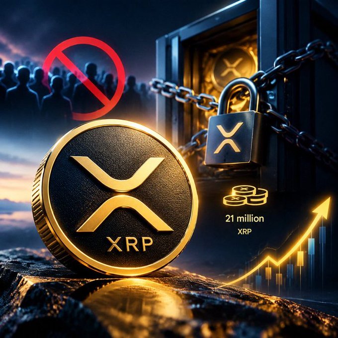 A dramatic XRP-themed graphic shows a large XRP coin, a chained padlock, a red prohibition symbol over a crowd, and an upward market arrow beside “21 million XRP.”