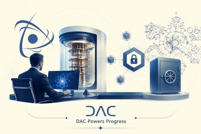 Promotional graphic for 'DAC Powers Progress' featuring a man working at a quantum computer with atomic symbols and security icons around him.