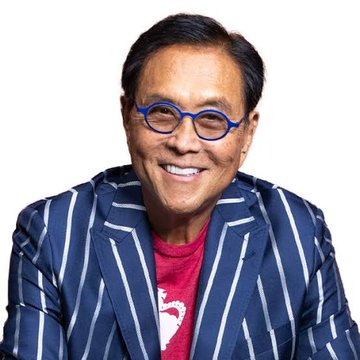 A smiling man wearing blue-tinted round glasses and a navy striped blazer over a red t-shirt is shown in a headshot portrait, accompanying a post about Robert Kiyosaki's price predictions for gold, silver, Bitcoin, and Ethereum.