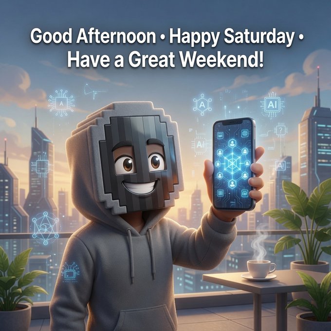 An AI-themed graphic featuring a character with a pixelated gray mask holding a smartphone with digital icons, with the text 'Good Afternoon • Happy Saturday • Have a Great Weekend!' displayed at the top.