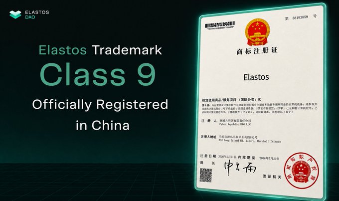 A promotional graphic from Elastos DAO announcing that the 'Elastos Trademark Class 9' has been officially registered in China, featuring an image of the trademark certificate.