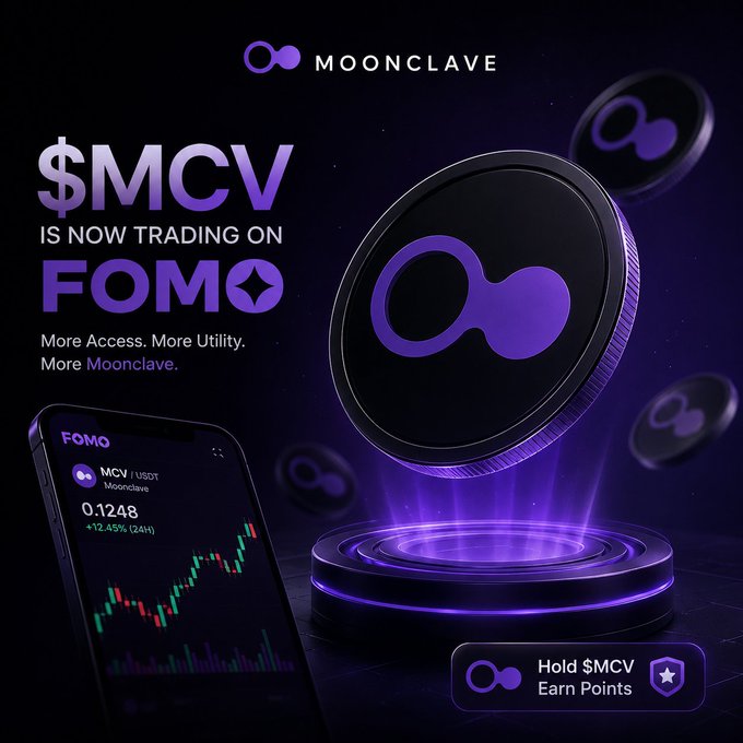 A promotional graphic for MOONCLAVE announcing '$MCV IS NOW TRADING ON FOMO' with text 'More Access. More Utility. More Moonclave,' alongside an image of a phone showing a green price chart.