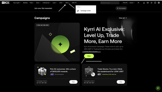 Screenshot of the OKX cryptocurrency exchange website highlighting the 'Campaign center' in the navigation menu, with arrows pointing to a promotional campaign for trading bonuses.