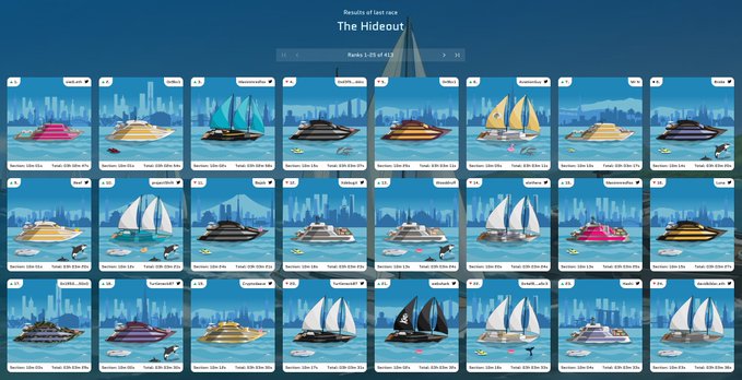 A screenshot of an NFT collection titled 'The Hideout' showing a grid of yacht and sailboat illustrations under the category 'Yachts,' with items ranging in price.
