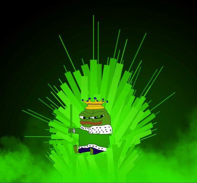An illustration of Pepe the Frog wearing a crown and royal cape, sitting on a green throne.