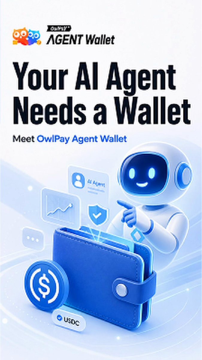 The image features an advertisement for a wallet service, which appears to be related to Agent Wallet. The main focus of the image is a robot figure holding a blue wallet with money inside. The text above the robot reads "Your AI Agent Needs a Wallet", indicating that the wallet service is designed specifically for agents who use artificial intelligence (AI) in their work. The post also mentions that the wallet can be imported and used by agents, suggesting that it may be compatible with various AI systems or applications.