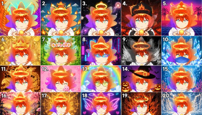 A grid of 20 numbered anime-style avatars featuring a red-haired character with a glowing halo across various themed backgrounds.