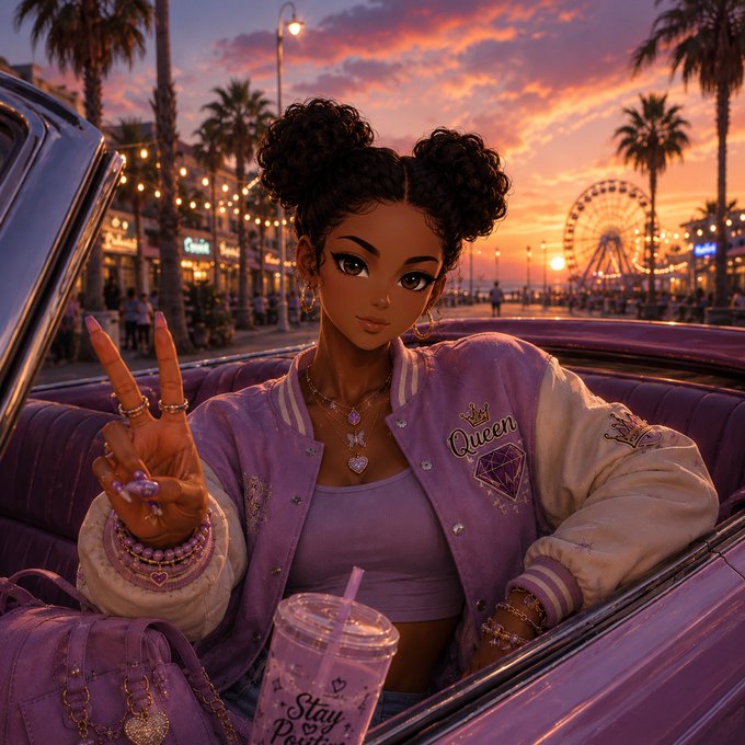 A digital illustration of a young woman with space buns in a purple 'Queen' varsity jacket, making a peace sign while sitting in a convertible with a 'Stay Perfect' cup at sunset.