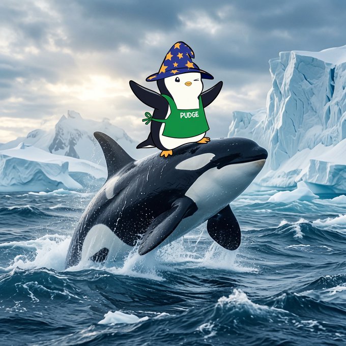 A cartoon penguin wearing a wizard hat with stars and a green "PUDGE" shirt rides a breaching orca amidst Antarctic icebergs. The image playfully illustrates the post's call for $PENGU "whales" by featuring a whale breaching the icy waters where Pengu-themed characters reside.