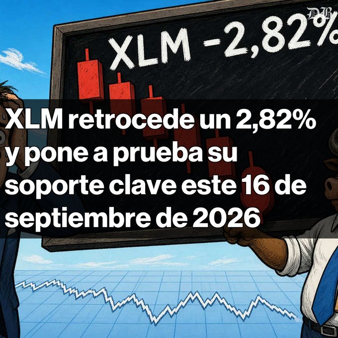 A Spanish-language news graphic showing a bearish red candlestick chart, stating 'XLM retrocede un 2,82% y pone a prueba su soporte clave este 16 de septiembre de 2026.'