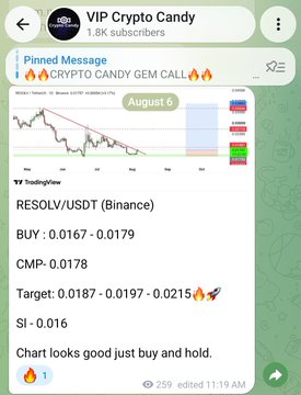 A VIP Crypto Candy Telegram post showing a RESOLV/USDT gem call with buy range 0.0167-0.0179, target 0.0187-0.0215, and stop loss 0.016, advertised as a successful trade that already hit TP2 for 16% gains within 7 hours.