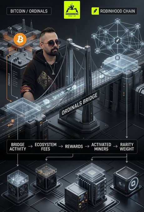 A promotional graphic titled 'ORDINALS BRIDGE' connecting 'BITCOIN/ORDINALS' with 'ROBINHOOD CHAIN,' featuring a bearded man in sunglasses and icons showing the flow: Bridge Activity → Ecosystem Fees → Rewards → Activated Miners → Rarity Weight.