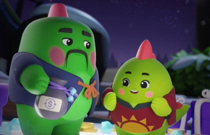 A 3D animated scene featuring two green cactus-like characters in a nighttime setting, one holding a money bag with a dollar sign.