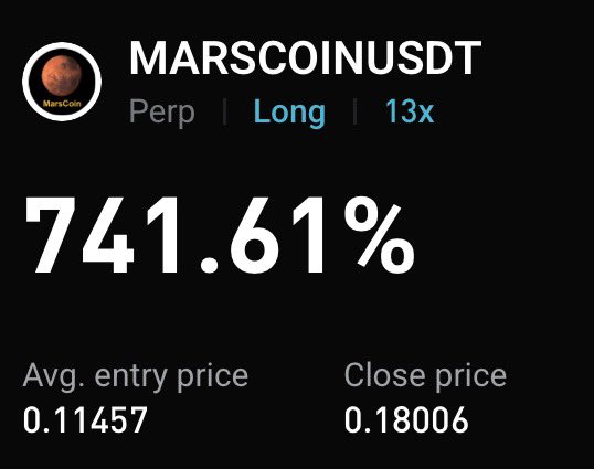 A screenshot of a successful MARSCOINUSDT perpetual long trade with 13x leverage, showing a 741.61% gain from an average entry price of 0.11457 to a close price of 0.18006, supporting the post's request for recognition or compensation for the accurate bullish call.