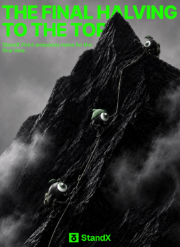 A dramatic black-and-white illustration shows climbers scaling a steep, jagged mountain peak in stormy weather, with bright green text reading "THE FINAL HAULING TO THE TOP," "StandX will use stand token for the service," and a StandX logo at the bottom.