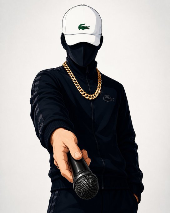 A digital illustration of a masked figure wearing a white Lacoste cap, black track jacket, and a gold chain, extending a microphone towards the viewer.