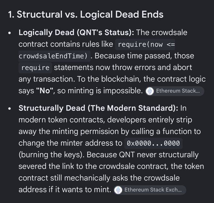 A dark-themed text screenshot titled '1. Structural vs. Logical Dead Ends' explaining the difference between logically dead and structurally dead token contracts, specifically referencing QNT.