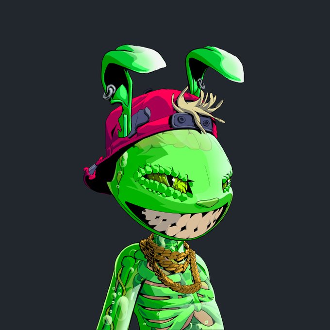 A green cartoon rabbit character wearing a red cap and a gold chain necklace stands against a dark background, with no visible text or numbers in the image. The character likely represents a Rogue NFT from the Solana collection, whose distinctive art style by Ataul is being praised in the post for its high quality and detailed design.
