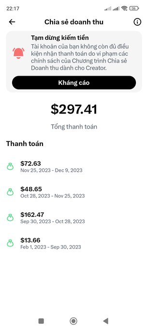 A Vietnamese-language TikTok revenue sharing screen showing total earnings of $297.41, with a notification that monetization is paused due to not meeting the threshold, and a breakdown of payments ranging from $13.66 to $162.47.