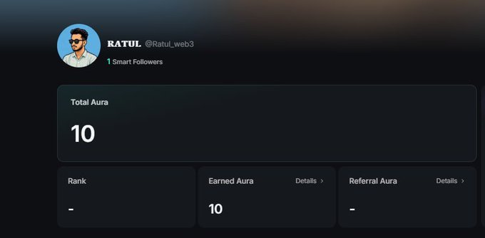 A dark-themed profile screen for user 'RATUL @Ratul_web3' shows '1 Smart Followers' and a 'Total Aura' of 10.
