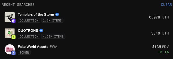The image shows a "Recent Searches" list on what appears to be a crypto marketplace, featuring **Templars of the Storm** (1.2K items, floor 0.978 ETH), **QUOTRONS** (4.22K items, floor 3.49 ETH), and **Fake World Assets (FWA)** token ($13M FDV, +3.1%). 

The image supports the post's emphasis on QUOTRONS, highlighting its higher floor price and substantial collection size as visual evidence backing the author's claim that "real stock storm" momentum is already being priced in on-chain via this NFT collection.