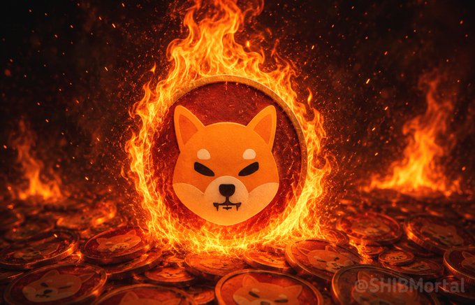 Shiba Inu coin logo engulfed in flames atop a pile of SHIB coins, branded with @SHIBMortal watermark.