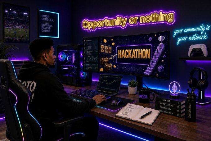 A person works at a neon-lit gaming/hacking setup with multiple monitors displaying 'HACKATHON' and 'Opportunity or nothing' on wall signs, along with a 'your community is your network' neon sign.