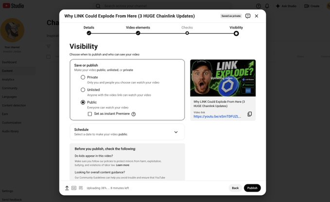 The image shows a YouTube Studio publish page for a video titled "Why LINK Could Explode From Here (3 HUGE Chainlink Updates)," with the visibility set to public and ready to publish, supporting the post's claim that the Chainlink ($LINK) bullish video is dropping imminently.