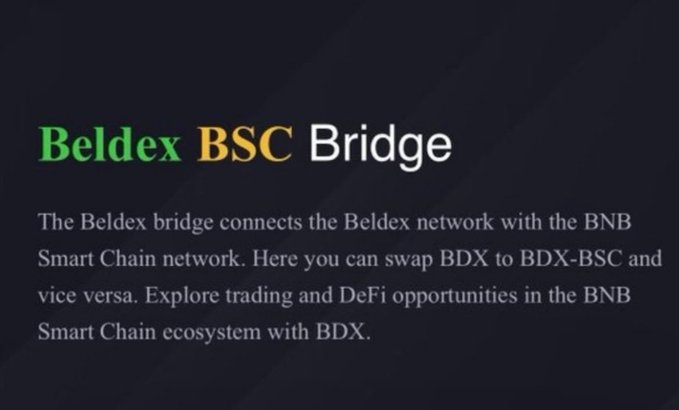 A text graphic displays 'Beldex BSC Bridge' with a description explaining that the bridge connects the Beldex network with the BNB Smart Chain network for swapping BDX to BDX-BSC.