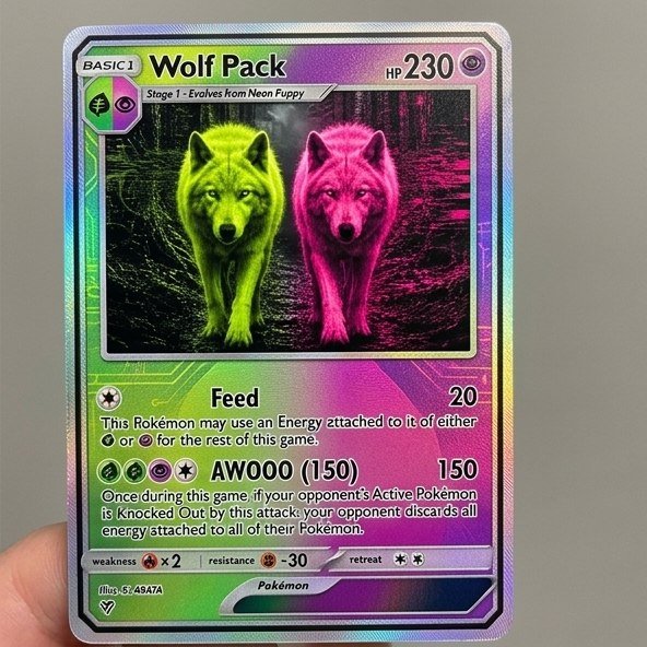 A holographic Pokémon trading card featuring 'Wolf Pack,' a Stage 1 card with 230 HP that evolves from Neon Puppy, displaying two wolves (one green, one pink) with attacks 'Feed' (20) and 'AWOOO (150).'