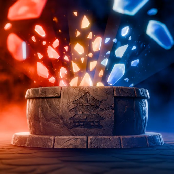 A stone pedestal engraved with a pagoda design sits in front of an explosive burst of red, orange, and blue crystalline shards.