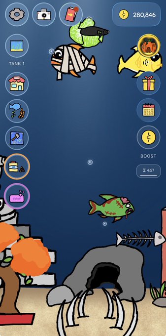 Screenshot of a mobile game interface showing an underwater scene with cartoon fish, an aquarium, a skull cave, and various UI buttons with a coin count of 280,846.