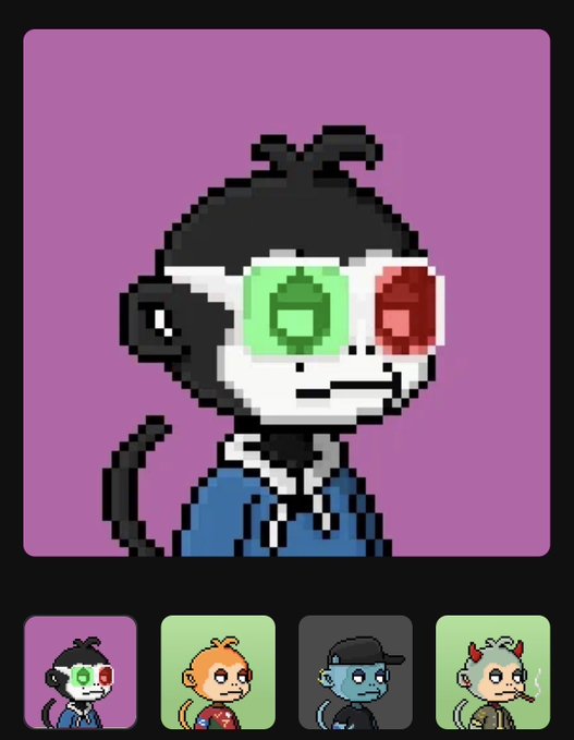 A pixel-art monkey character with mismatched green and red eyes is displayed against a purple background, with four additional monkey variants shown below. The image appears to be promotional artwork for the "MonkeyHoodNFT" collection, showcasing different character designs as teased by the accompanying post about upcoming NFT releases and alpha vault membership.