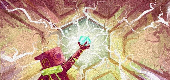 A stylized digital illustration depicts a figure wearing a McDonald's-branded box on their head, holding up a glowing green gem that emits bright lightning-like energy.