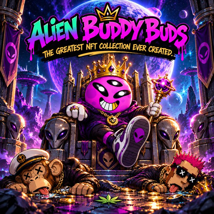 Vibrant promotional artwork for 'Alien Buddy Buds' NFT collection featuring a pink alien king on a throne surrounded by defeated monkey characters.