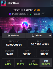 A crypto screenshot showing DEVCoin (DEVC) trading on PulseChain with a price of $0.0000564 and 70.0354 WPLS, displaying $44K liquidity, $183K FDV, and $185K market cap.