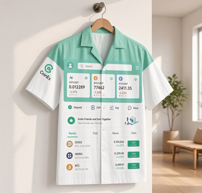 A short-sleeve button-up shirt hanging on a wooden hanger, featuring a mint green and white design with the CoinEx cryptocurrency exchange interface showing BTC and ETH prices.