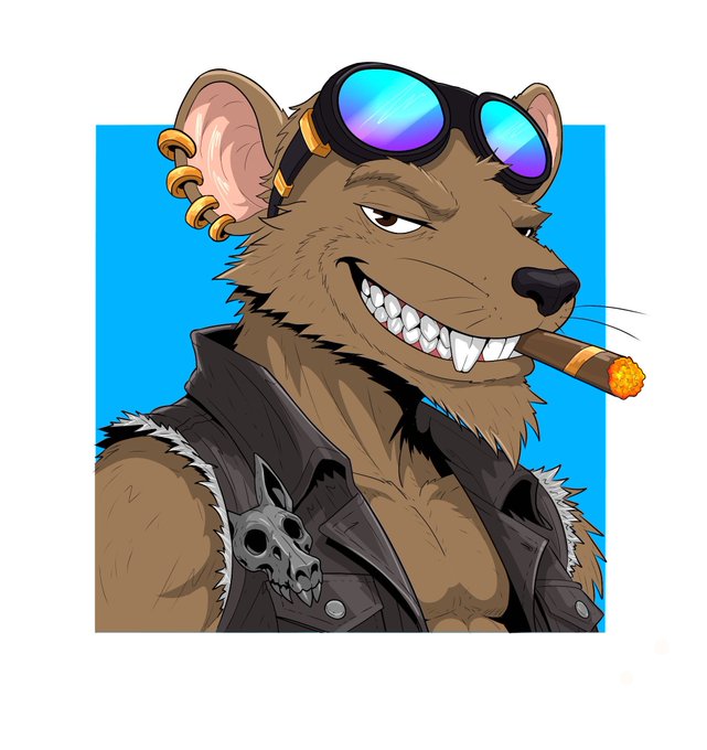 Cartoon illustration of an anthropomorphic rat or mouse character wearing mirrored sunglasses and a leather vest with a wolf skull pin, smoking a cigar against a bright blue background.
